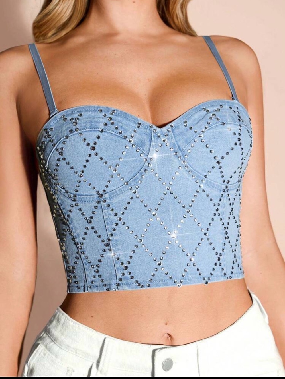 SHEIN Light Blue Studded Denim Bustier Crop Top - Size Large 8/10